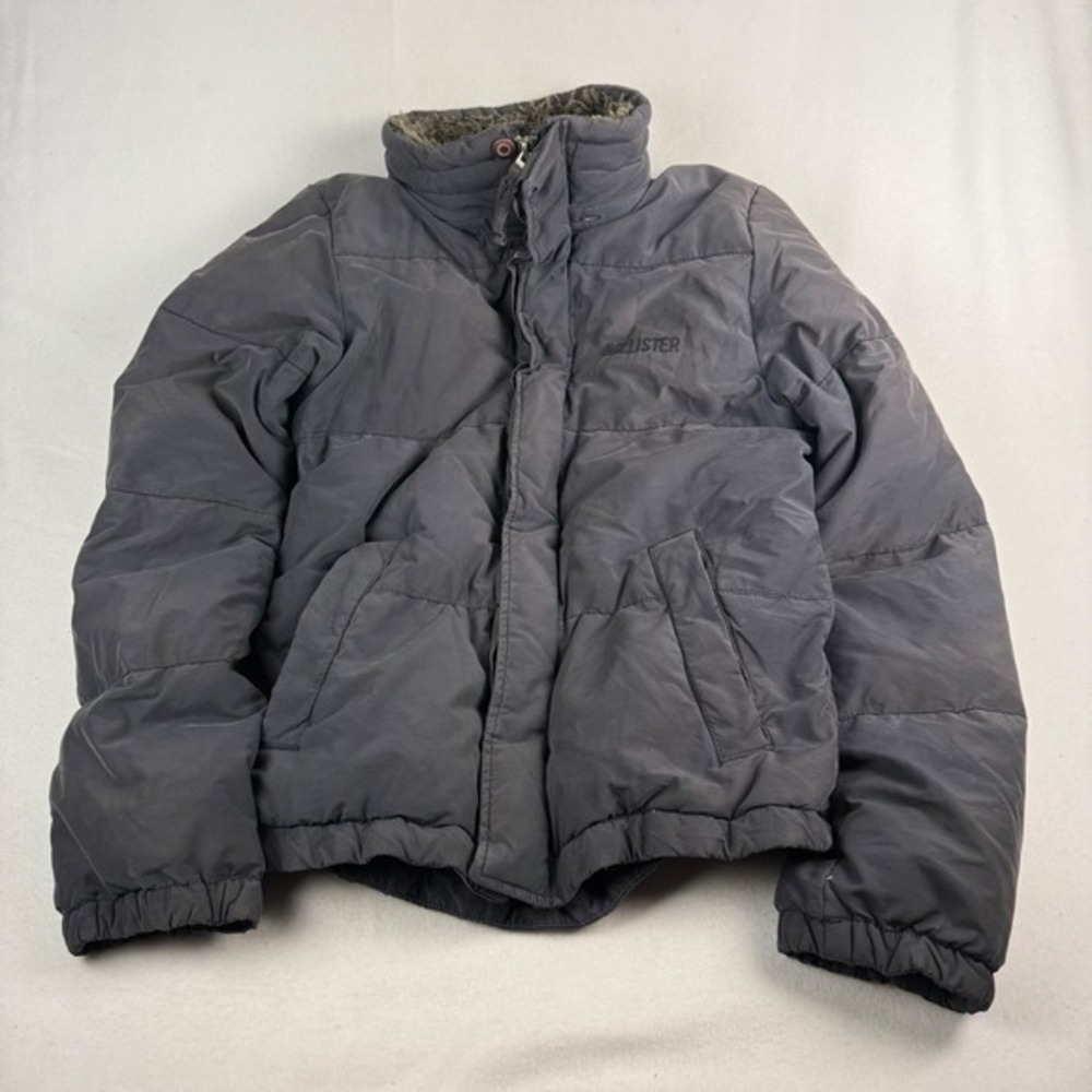 Hollister Mens Down Puffer Jacket Gray Faux Fur Collar Quilted‎ Coat Large L